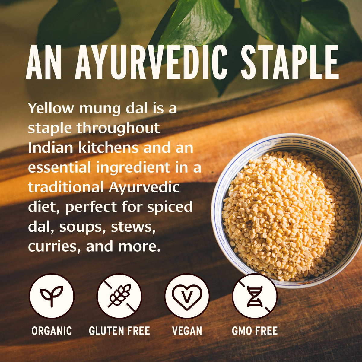 Banyan Botanicals Yellow Mung Dal bag closeup highlights hulled split beans for quick cooking.
