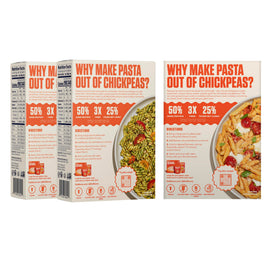 Banza box on pantry shelf signals convenient 8oz packs for family dinners.