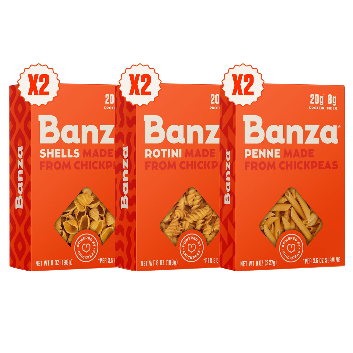 Banza chickpea pasta variety pack box on counter highlights protein-rich, plant-based noodles.