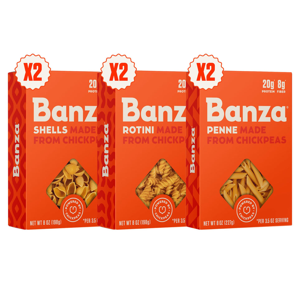 Banza chickpea pasta variety pack box on counter highlights protein-rich, plant-based noodles.