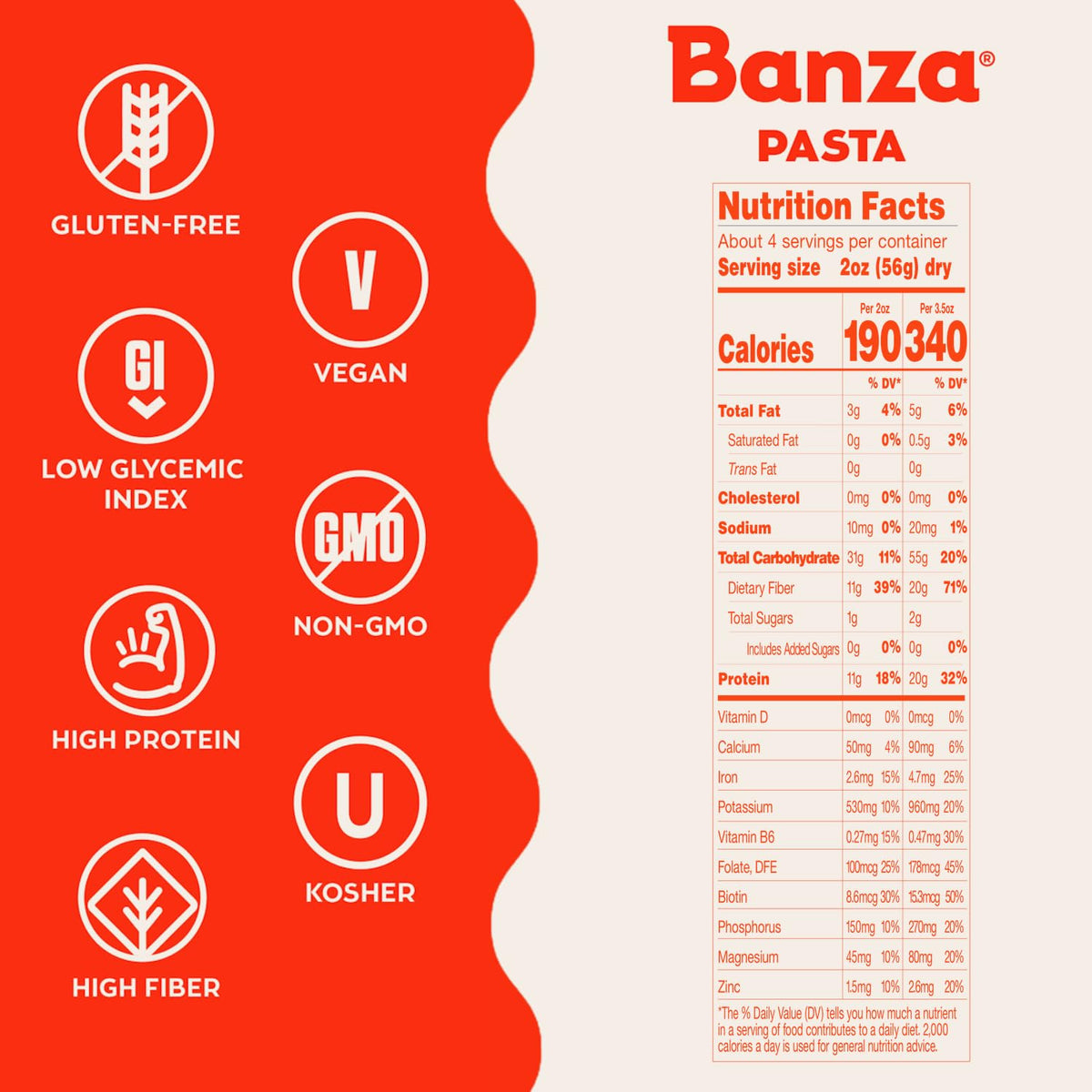 Close-up of Banza chickpeas and pasta ingredients signals plant-based protein.
