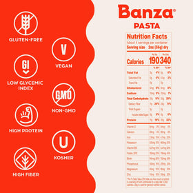 Close-up of Banza chickpeas and pasta ingredients signals plant-based protein.
