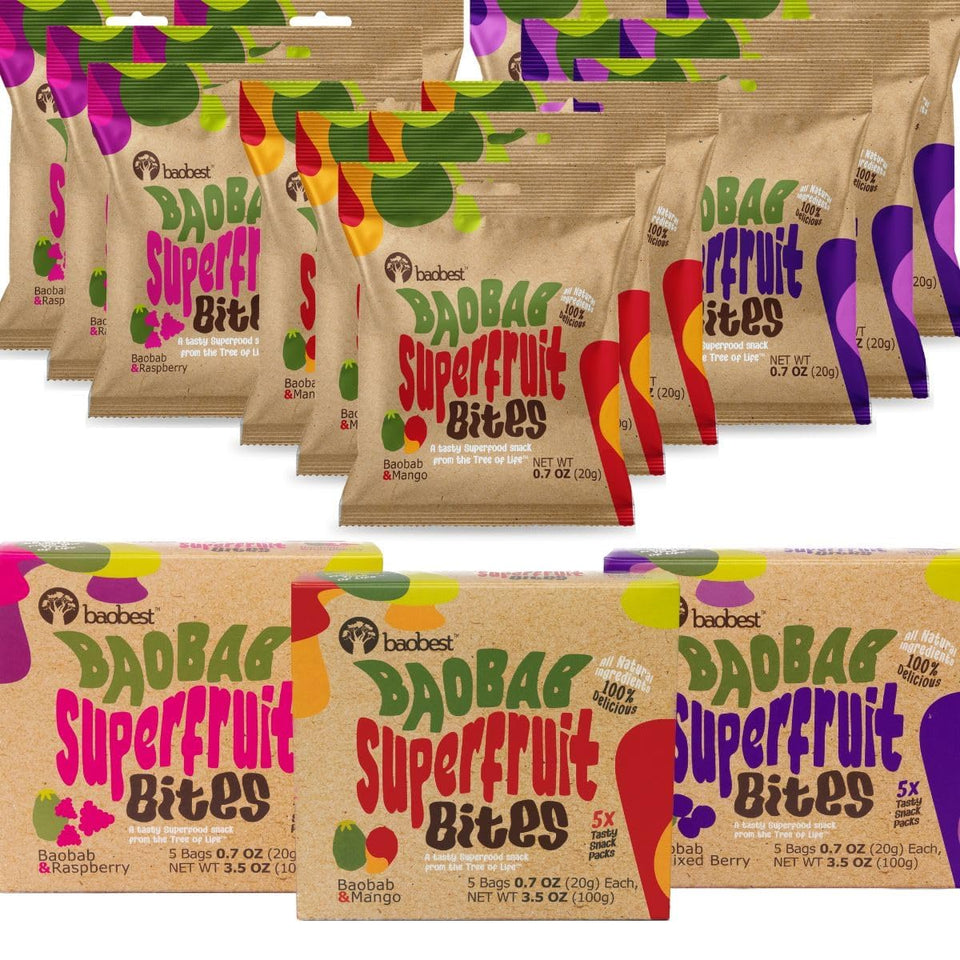 Baobest Superfruit Bites packaging showing berry flavor, ideal for on-the-go snacking.