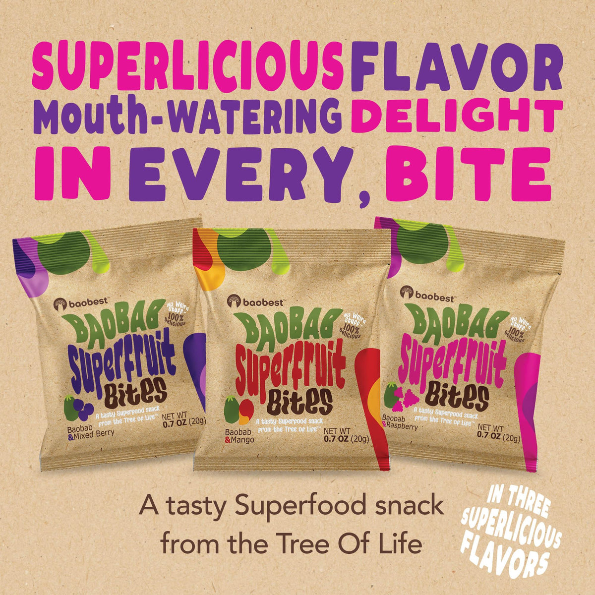 Baobest Superfruit Bites mango flavor image, portable vegan snack for travel.