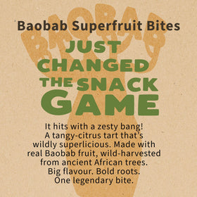 Baobest Superfruit Bites Vegan Gluten-Free label reassures plant-based snacking