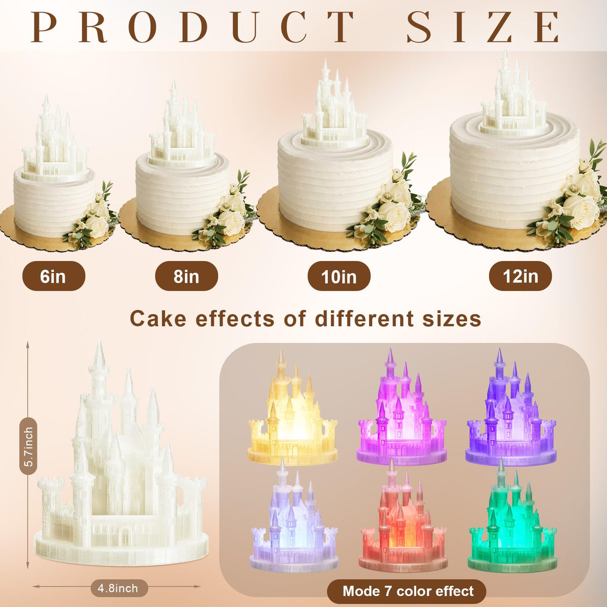 Baquler castle topper night light showing colorful glow at 4-8 inches