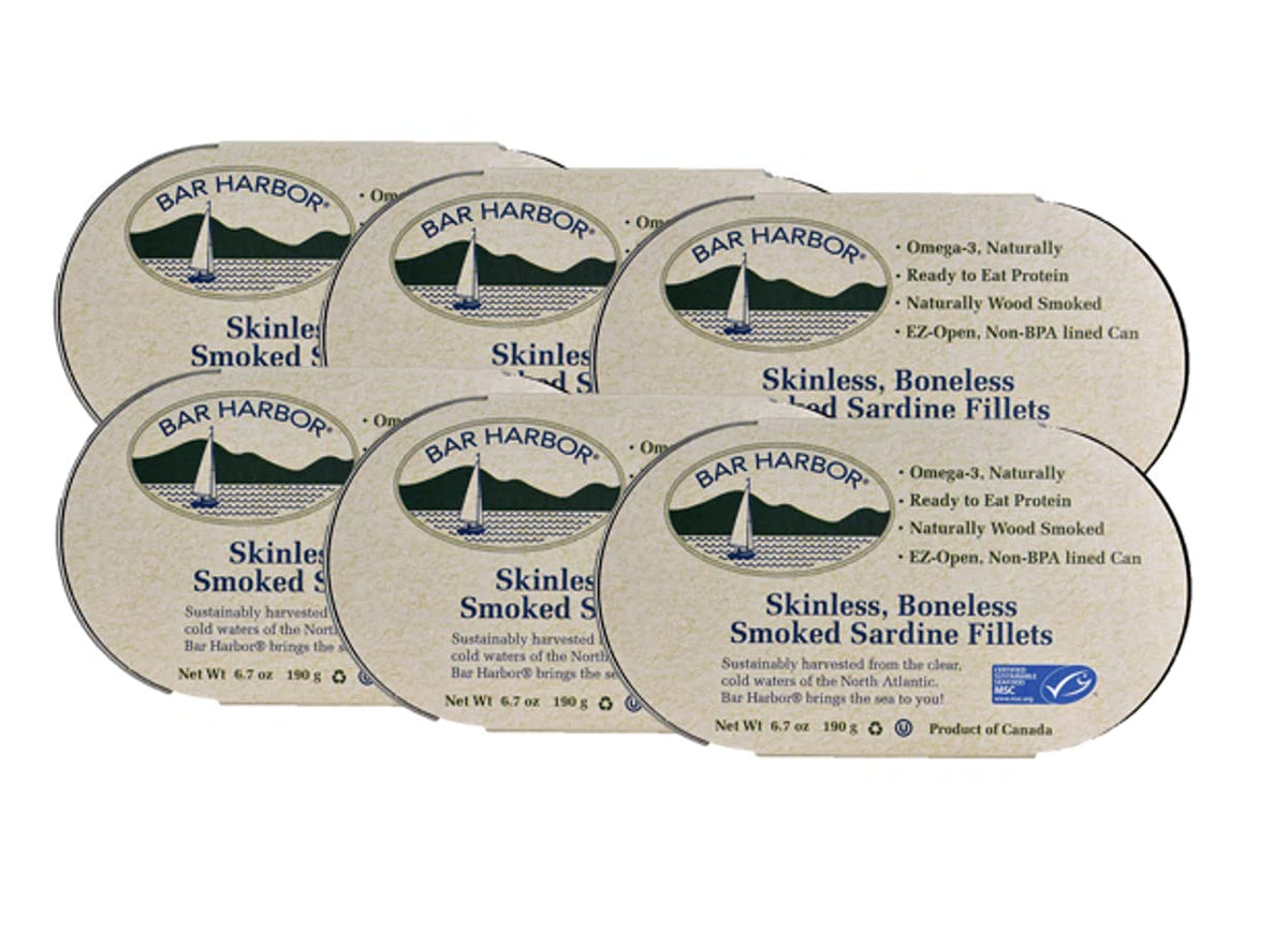 Bar Harbor can-front skinless, boneless smoked sardines for easy protein-packed meals.