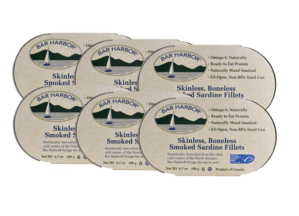 Bar Harbor can-front skinless, boneless smoked sardines for easy protein-packed meals.
