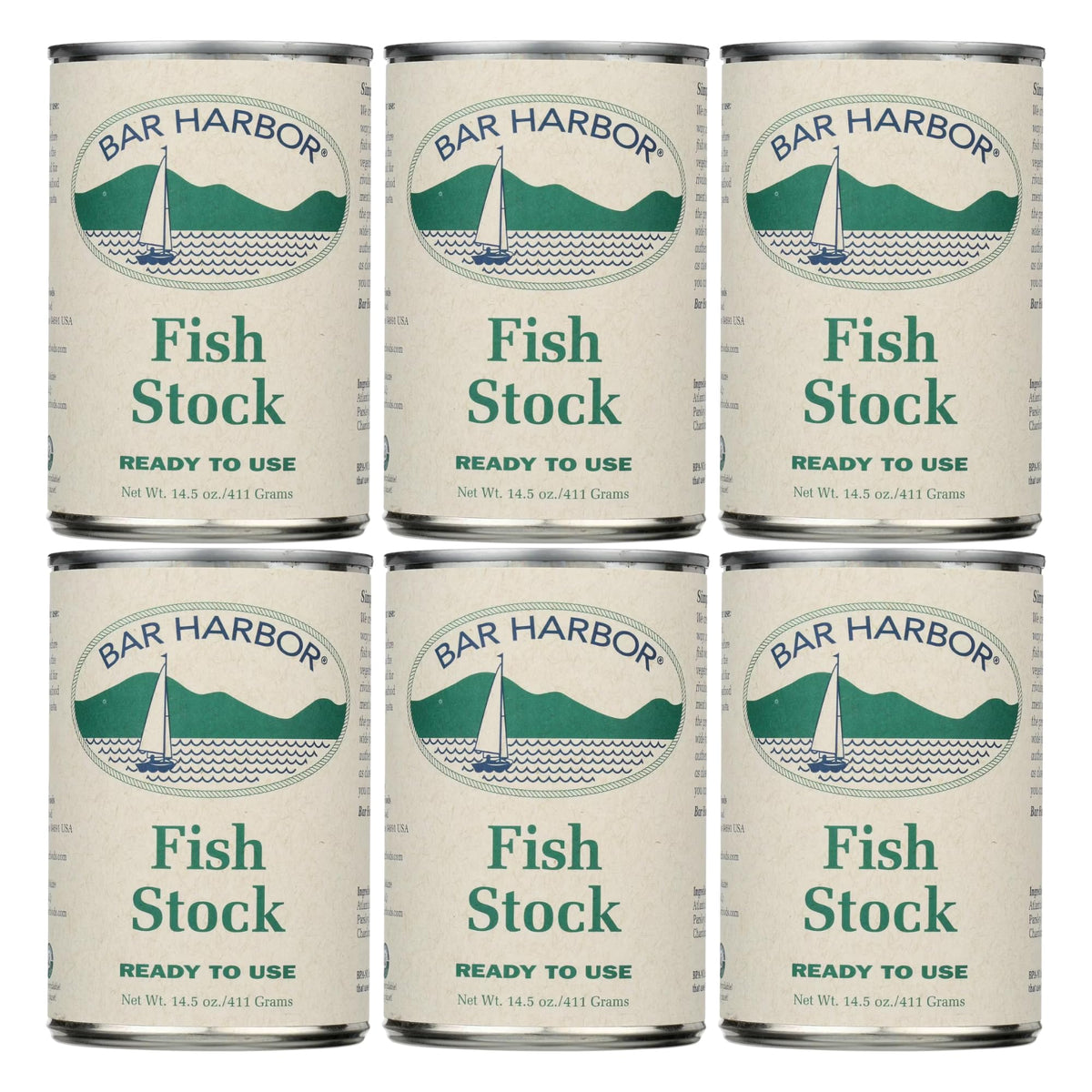 Bar Harbor Fish Stock Pack-6: convenient six-pack for quick flavor boosts in soups, risotto, and pasta.