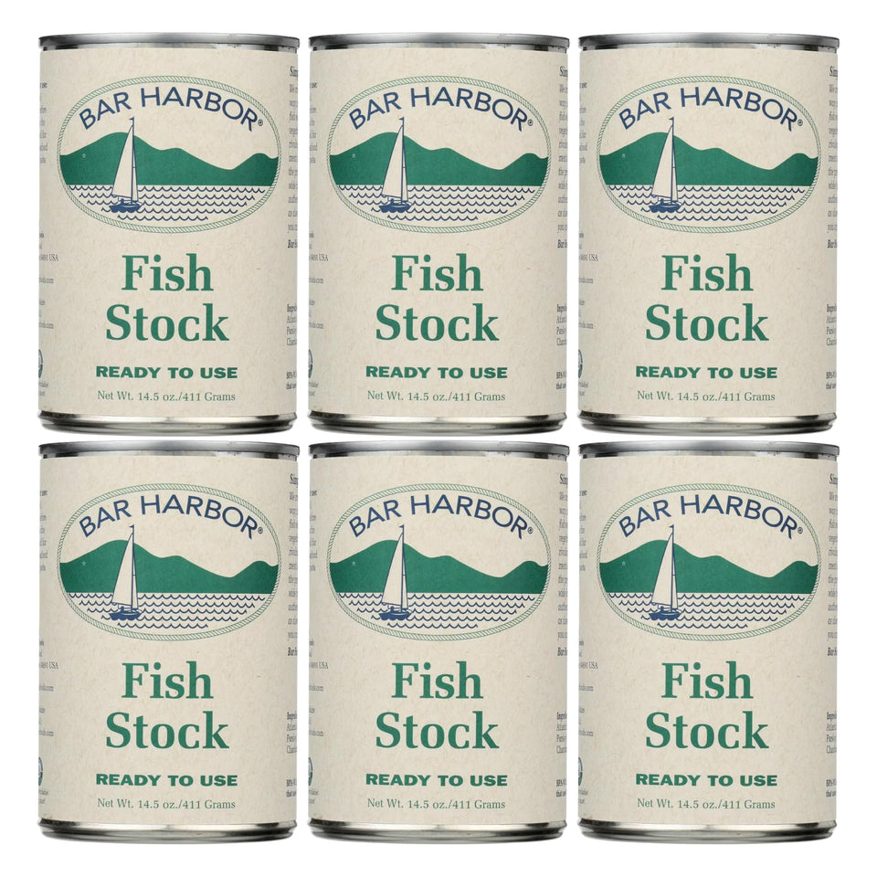 Bar Harbor Fish Stock Pack-6: convenient six-pack for quick flavor boosts in soups, risotto, and pasta.