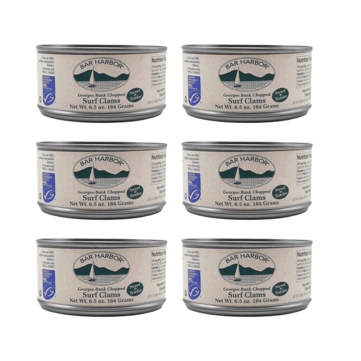Bar Harbor Georges Bank chopped surf clams in six-pack cans for quick seafood meals.