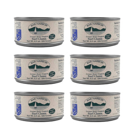 Bar Harbor Georges Bank chopped surf clams in six-pack cans for quick seafood meals.