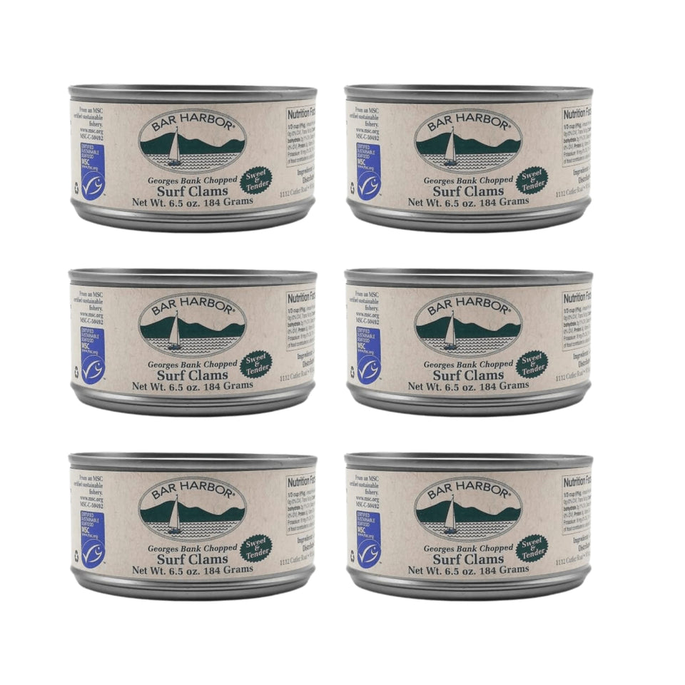 Bar Harbor Georges Bank chopped surf clams in six-pack cans for quick seafood meals.