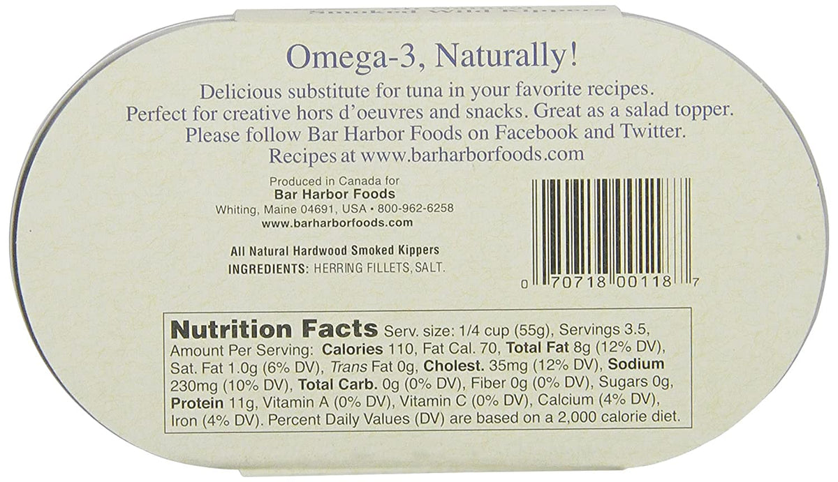 Bar Harbor kippers label close-up highlighting natural ingredients and quality.