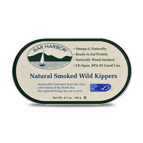 Bar Harbor natural smoked wild kippers in EZ-Open can, convenient ready-to-eat