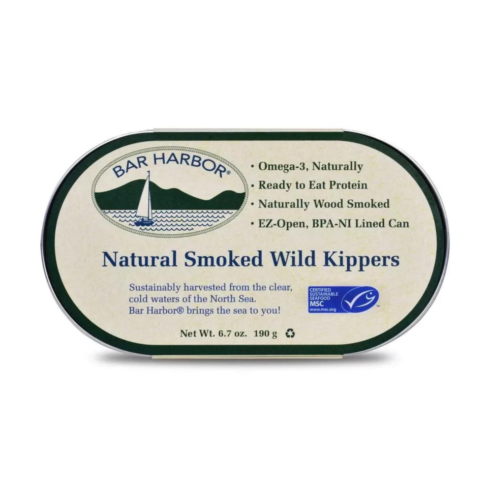 Bar Harbor natural smoked wild kippers in EZ-Open can, convenient ready-to-eat