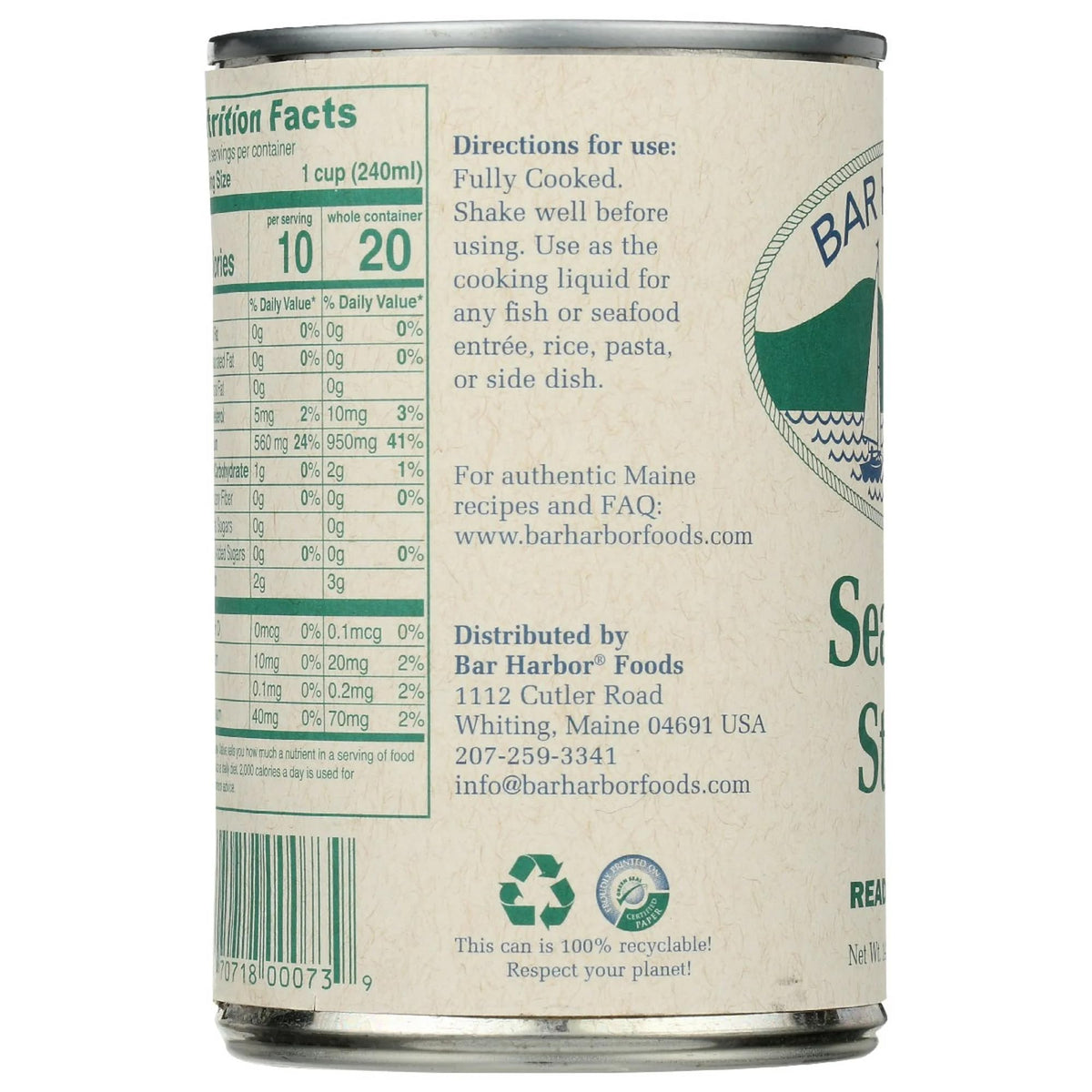 Bar Harbor BPA-NI tin emphasizes quality packaging and safety.