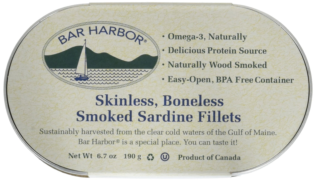 Bar Harbor sardine fillets, wood-smoked, protein-rich snack ready to open