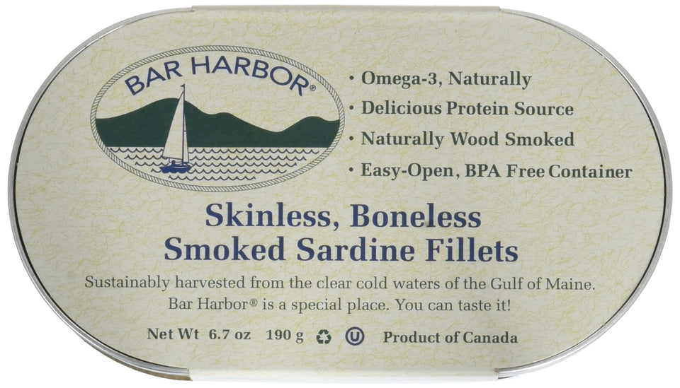 Bar Harbor sardine fillets, wood-smoked, protein-rich snack ready to open