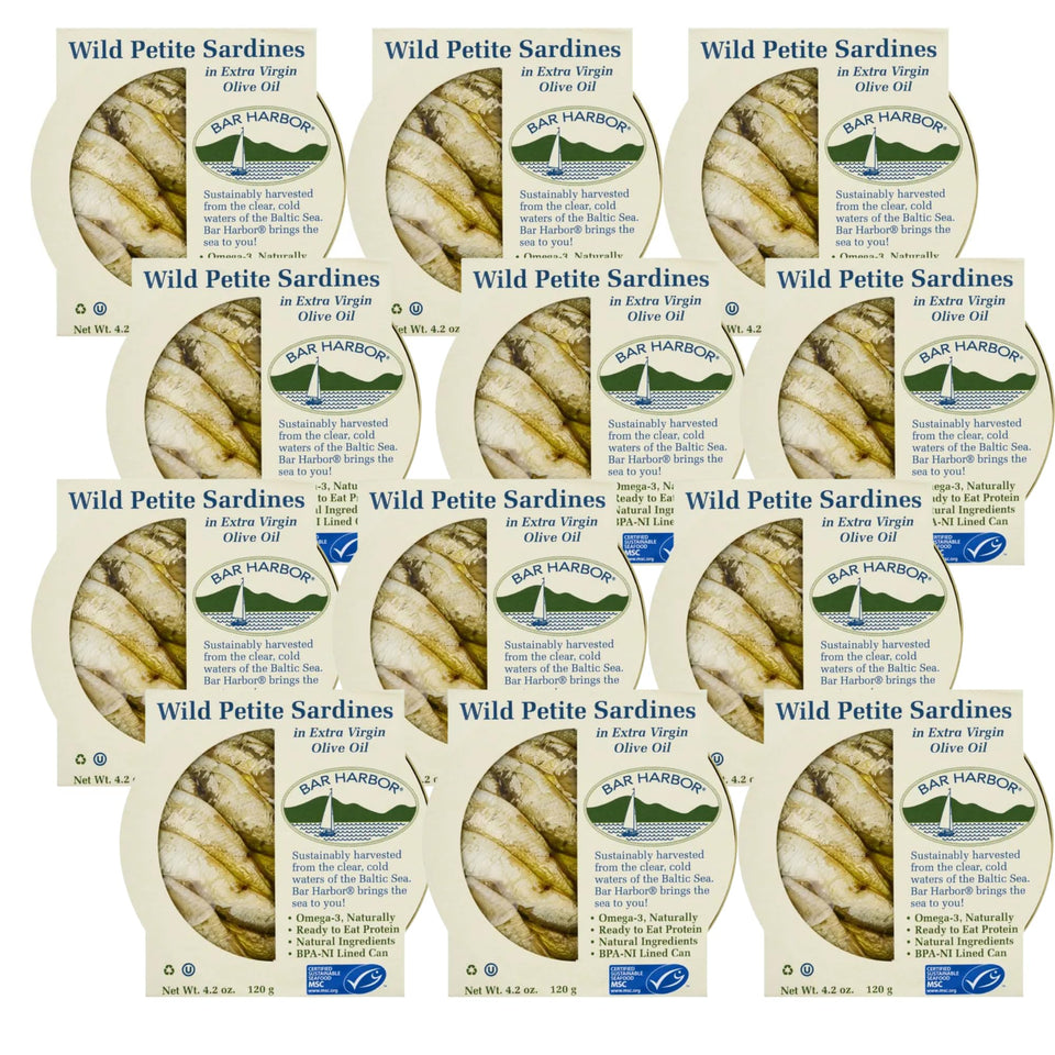 Bar Harbor Wild Petite Sardines in EVOO can—protein-rich pantry staple ready to enjoy.
