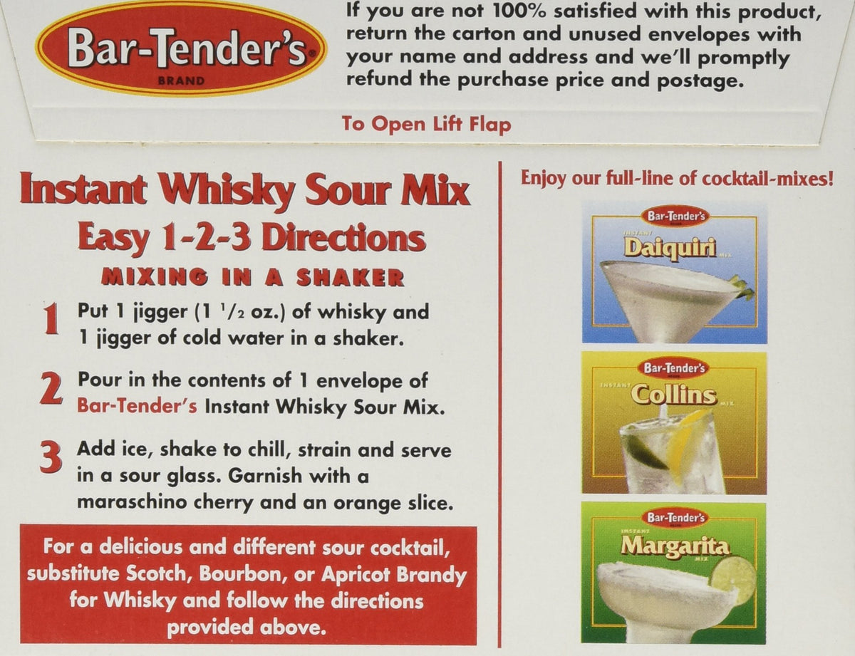 Bar-Tender's Brand instant whiskey sour prepared drink ready to serve with ice.