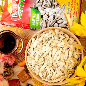 BARAKA roasted sunflower seeds in-shell with textured kernels for savory snacking.