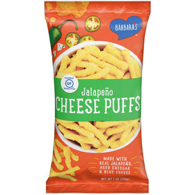 Barbara's Bakery Jalapeno Cheese Puffs bag front with gluten-free, zesty crunch