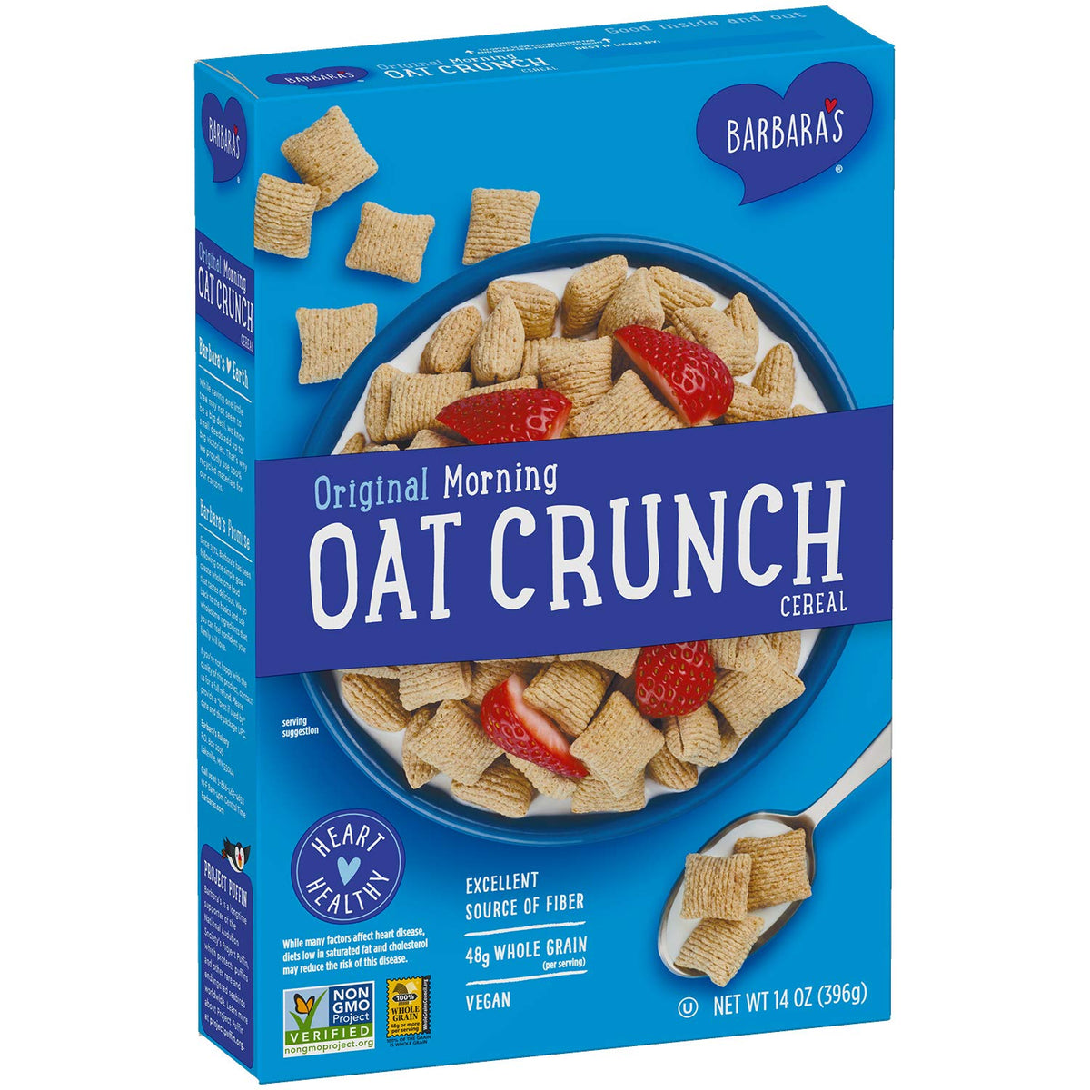 Barbara's Bakery Morning Oat Crunch nutrition panel showing fiber and whole grain content.