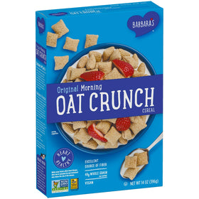 Barbara's Bakery Morning Oat Crunch nutrition panel showing fiber and whole grain content.