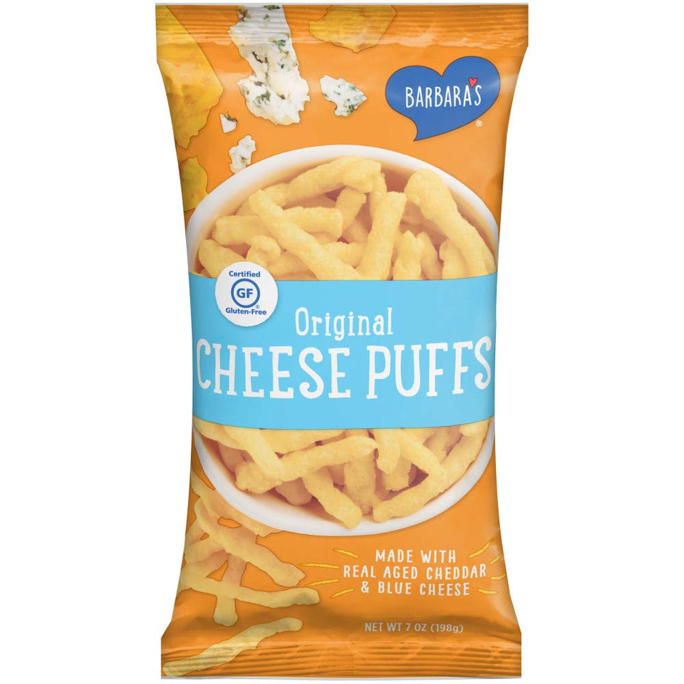 Barbara's Bakery Original Cheese Puffs bag 7oz showing gluten-free cheddar bites for kids' snacks.