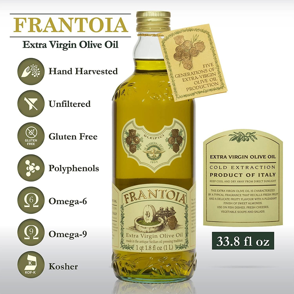 Barbera Frantoia glass bottle pour shot emphasizing fruity notes for salads.