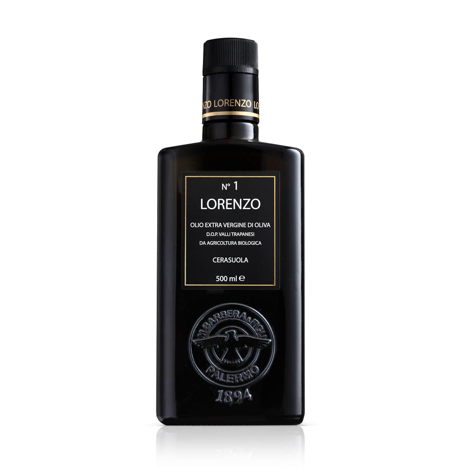 Barbera Lorenzo N° 1 olive oil bottle pour highlights premium Sicilian EVOO