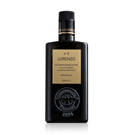 Barbera Lorenzo No. 3 olive oil bottle, rich fruity flavor for finishing dishes.
