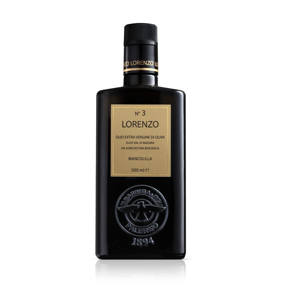 Barbera Lorenzo No. 3 olive oil bottle, rich fruity flavor for finishing dishes.