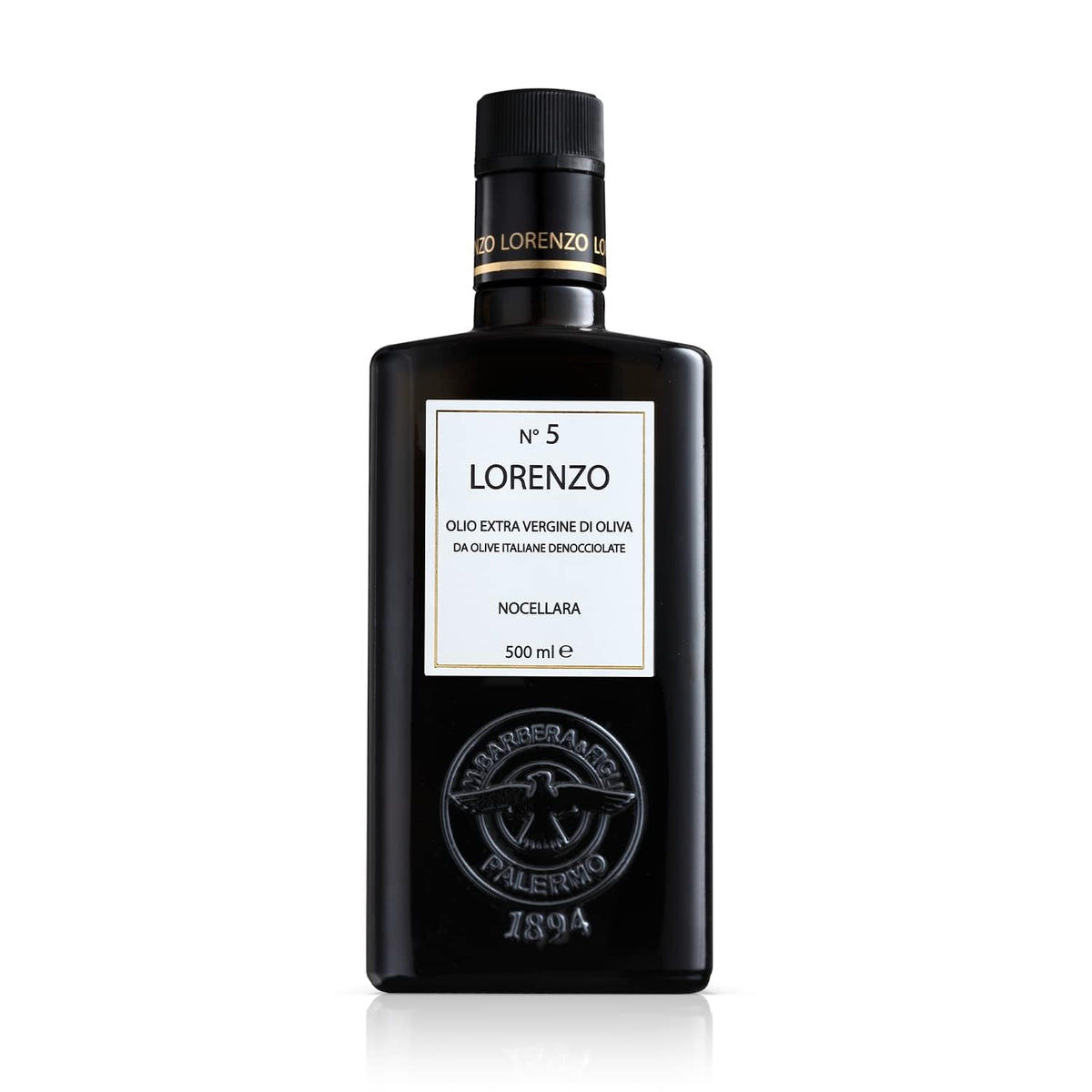 Barbera Lorenzo No. 5 EVOO bottle close-up, premium Sicilian olive oil for drizzling.