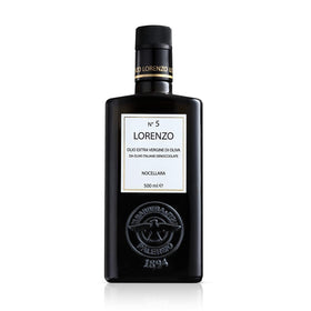 Barbera Lorenzo No. 5 EVOO bottle close-up, premium Sicilian olive oil for drizzling.