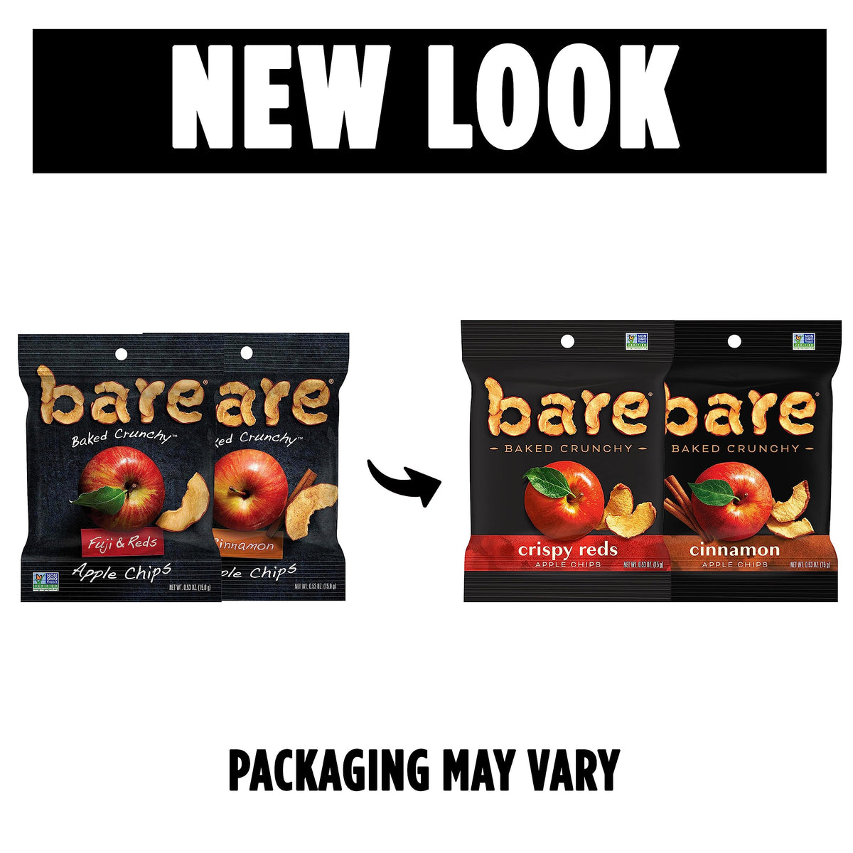 Bare Baked Crunchy Fujis & Reds bags for on-the-go fruit snacking.