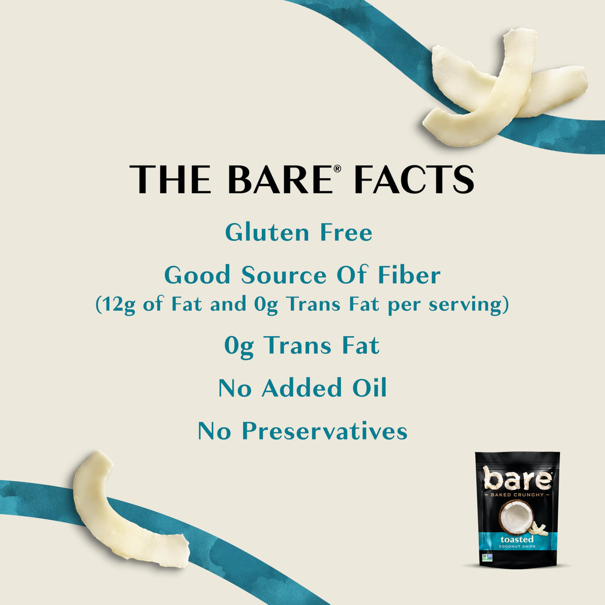 Bare Baked Crunchy Toasted Coconut bag display emphasizes gluten-free and dairy-free snack options