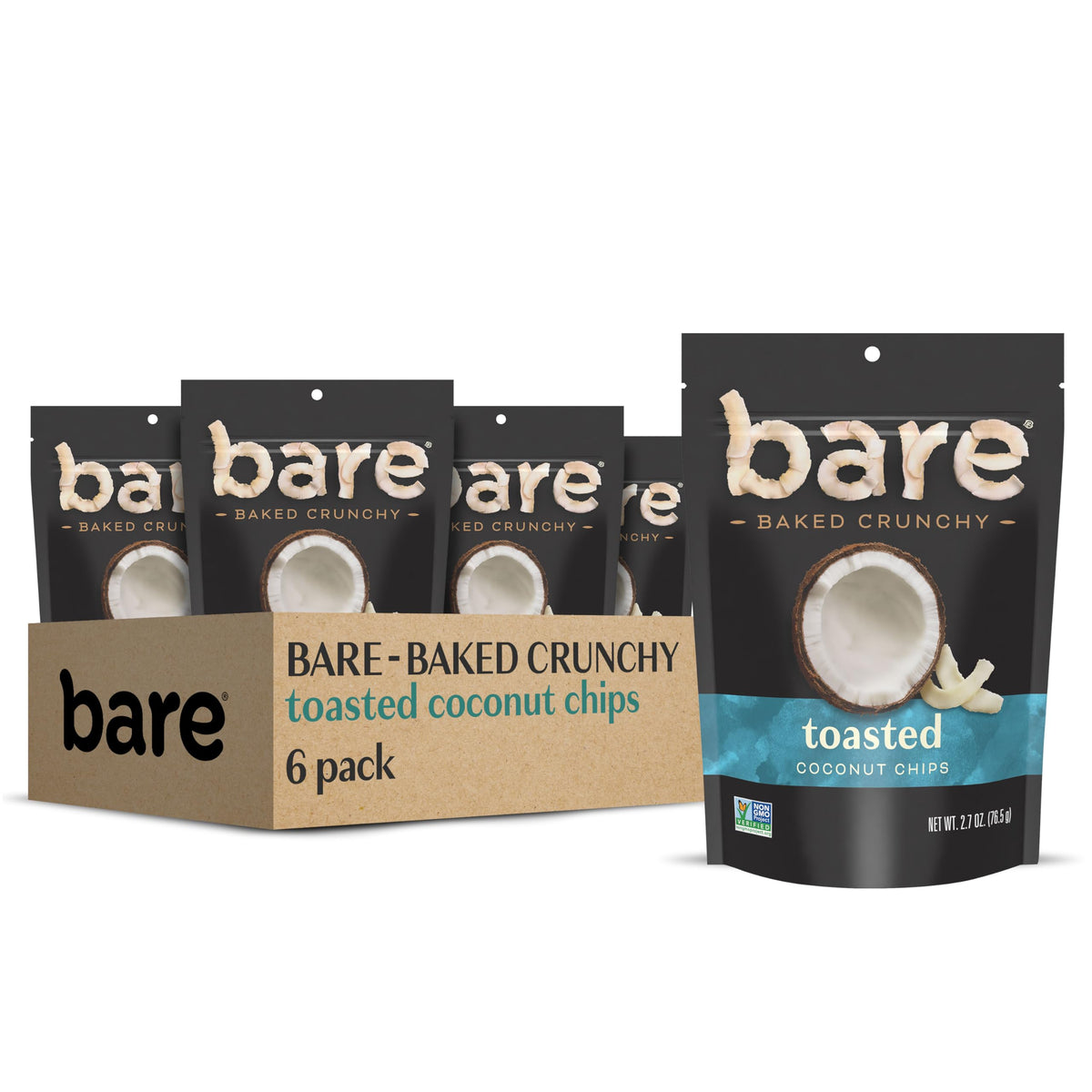 Bare Baked Crunchy Toasted Coconut pack shows six resealable bags for convenient snacking