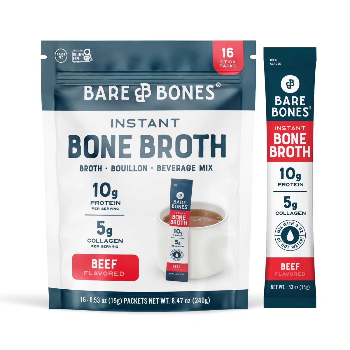 Bare Bones beef bone broth packet stirred in hot water for a savory on-the-go drink.