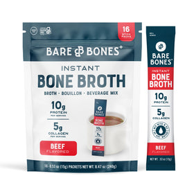 Bare Bones beef bone broth packet stirred in hot water for a savory on-the-go drink.
