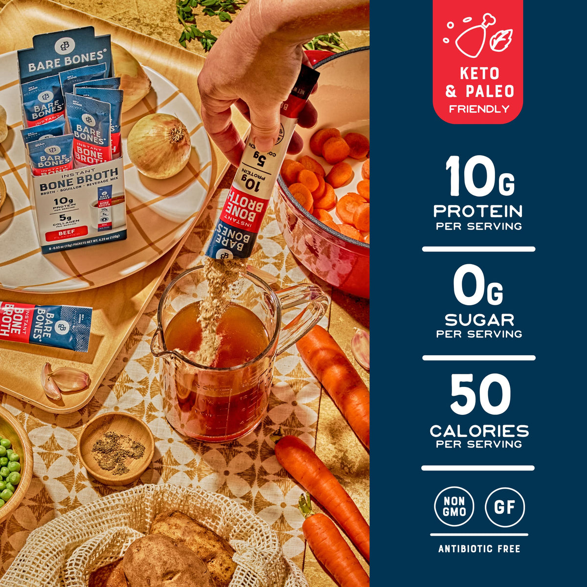 Bare Bones ingredients close-up, featuring beef bone broth and herbs for a flavorful blend.
