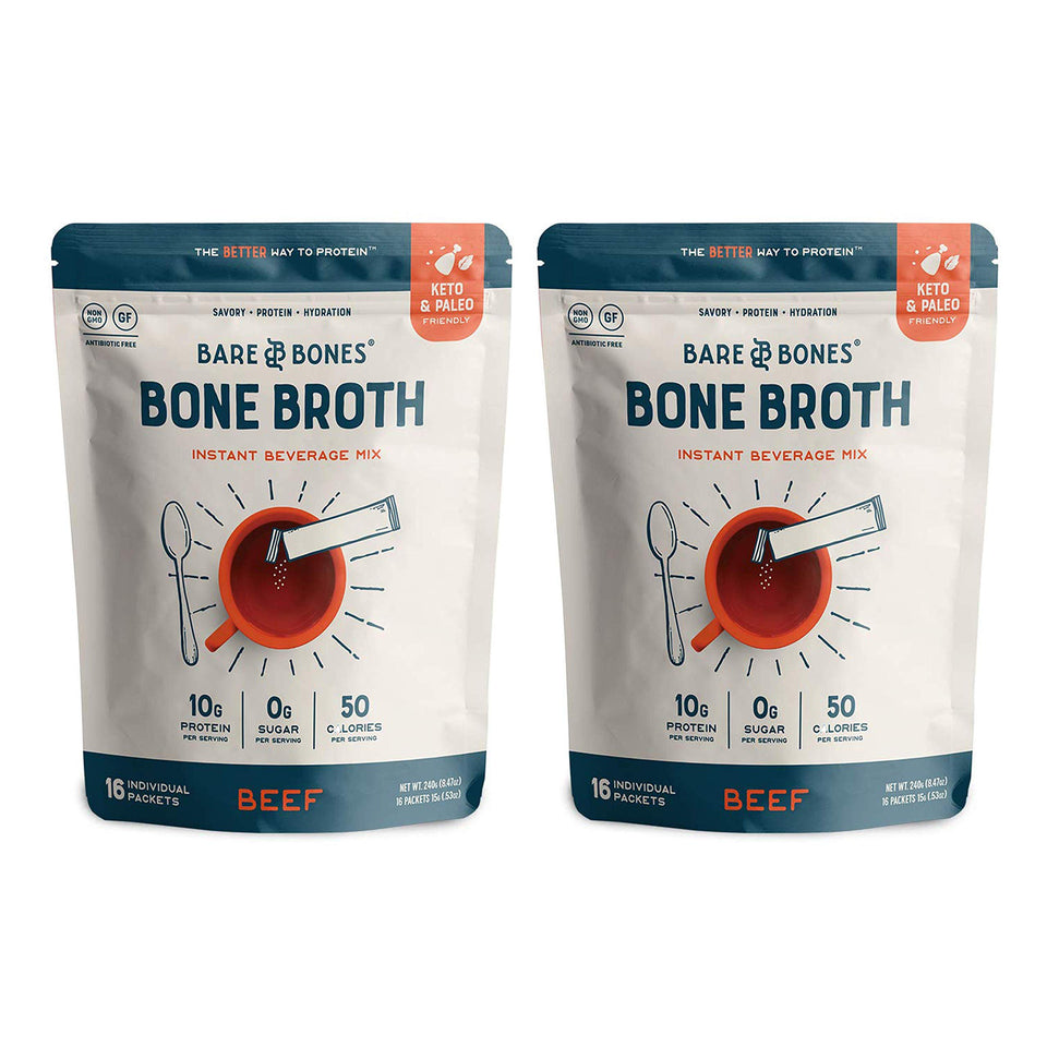 Bare Bones Beef Bone Broth Instant Pack packaging for on-the-go savoriness.