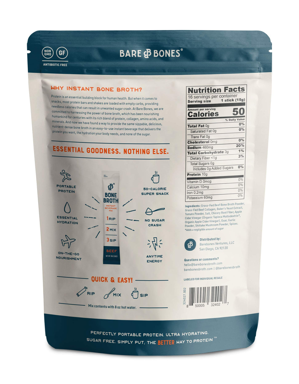 Bare Bones beef broth stick packets ready to mix anywhere.
