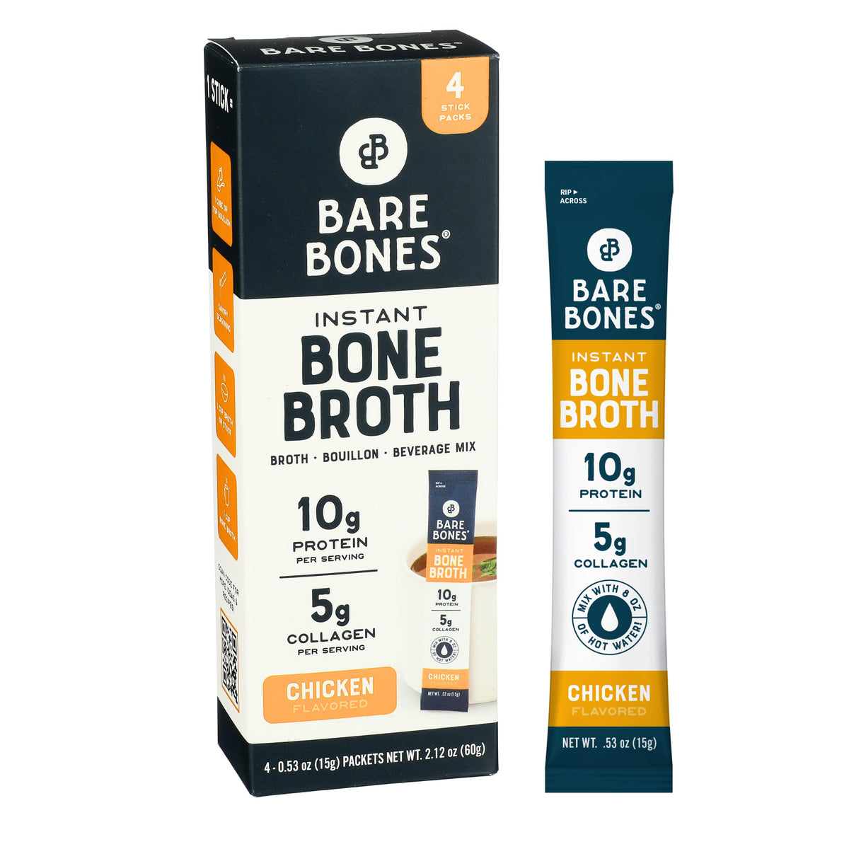 Bare Bones chicken bone broth instant powder packet front view for quick protein on the go