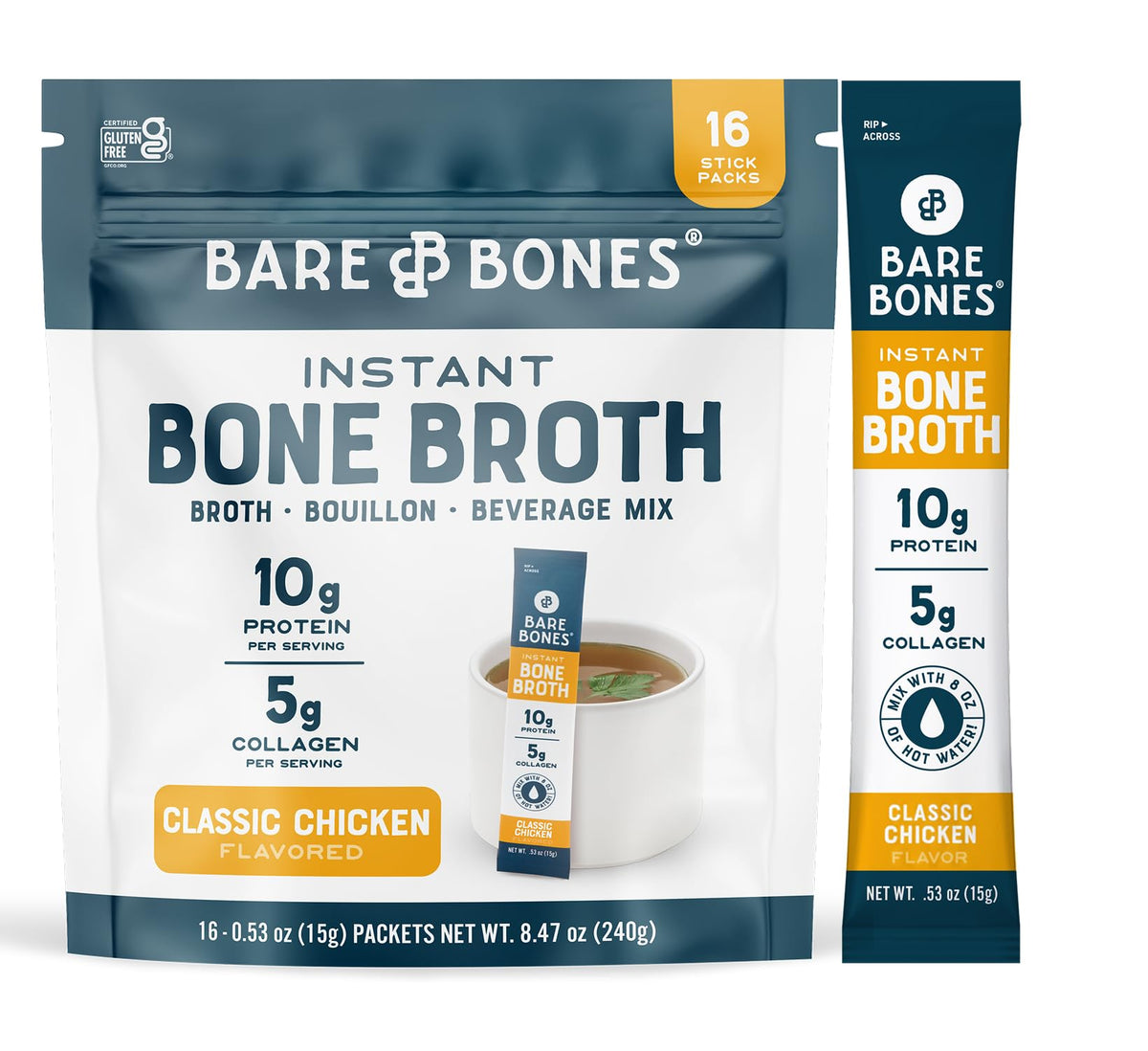 Bare Bones classic chicken bone broth packets in packaging for on-the-go nourishment