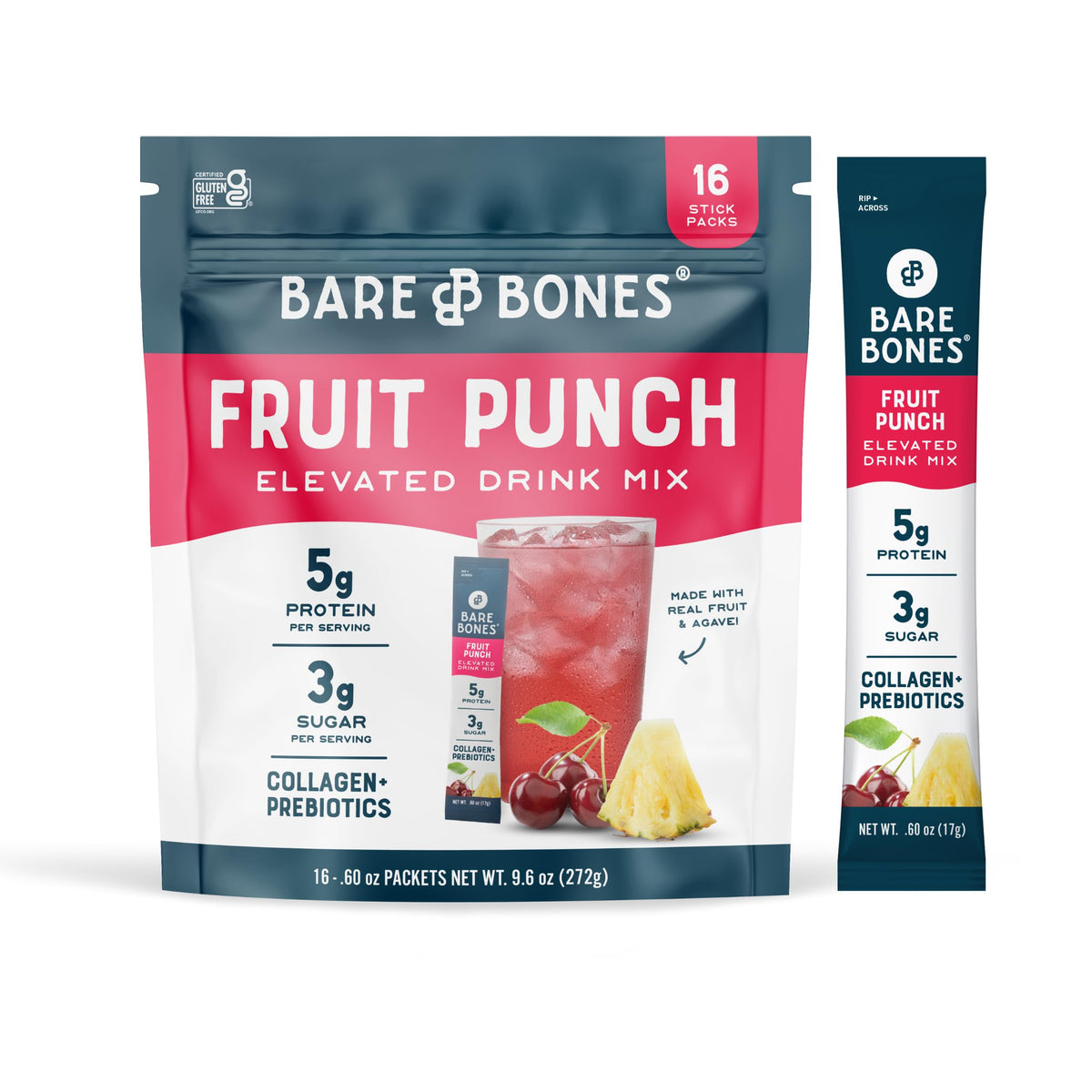 Bare Bones Fruit Punch Elevated Drink Mix stick pack on the go for hydration