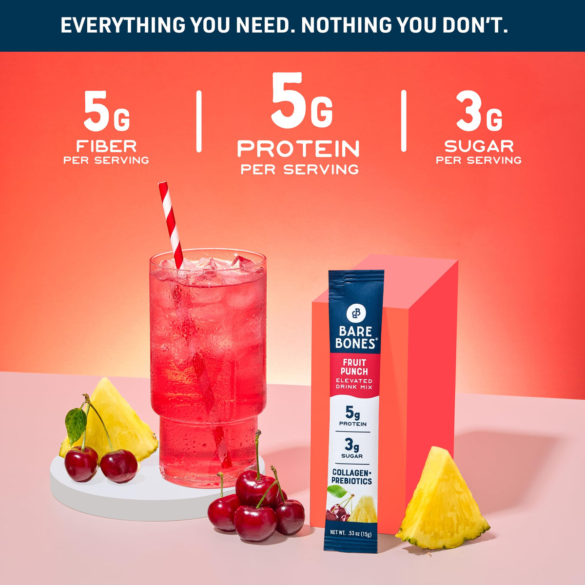 Bare Bones Fruit Punch stick pack with glass ready for refreshing hydration