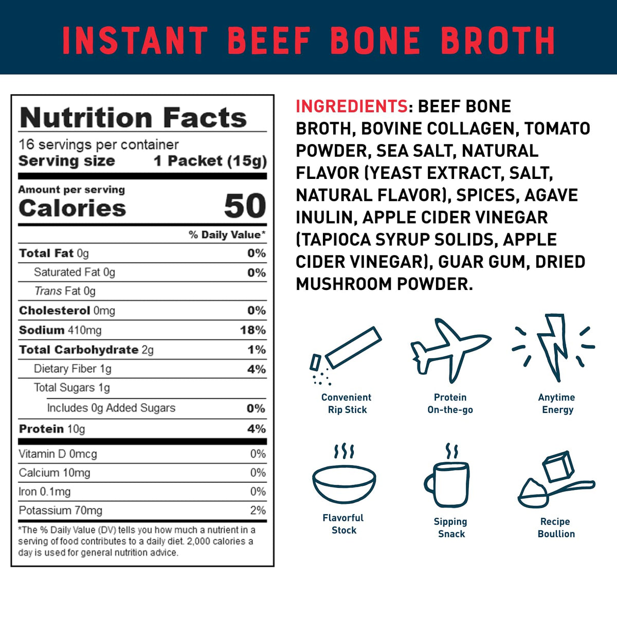 Bare Bones instant beef broth packets packaging close-up highlighting gluten-free and no artificial flavors.