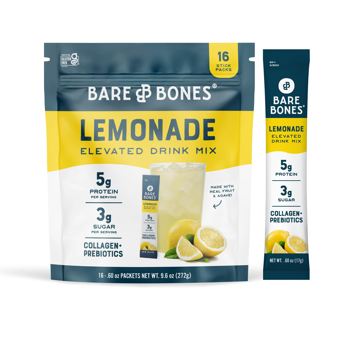 Bare Bones Lemonade Elevated stick-pack front view for on-the-go hydration